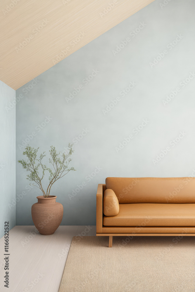 Modern living room with minimalistic design and earthy tones in cozy setting Modern living room with minimalistic design and earthy tones in cozy setting