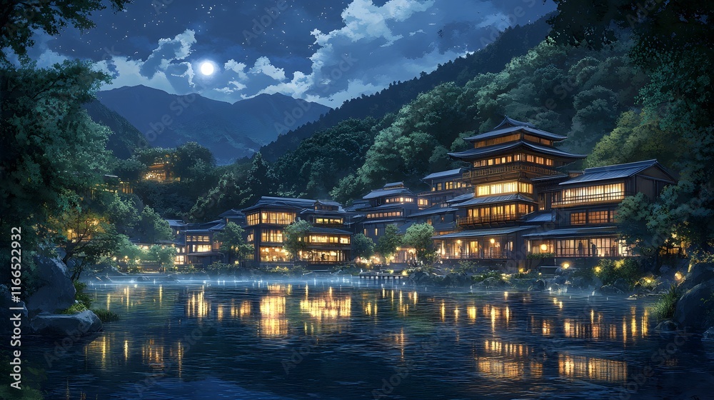 Obraz premium Scenic night view of traditional buildings by a tranquil river under the moonlight.