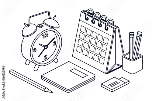 Minimalist Calendar, Alarm Clock, and Stationery Line Drawing Vector Illustration