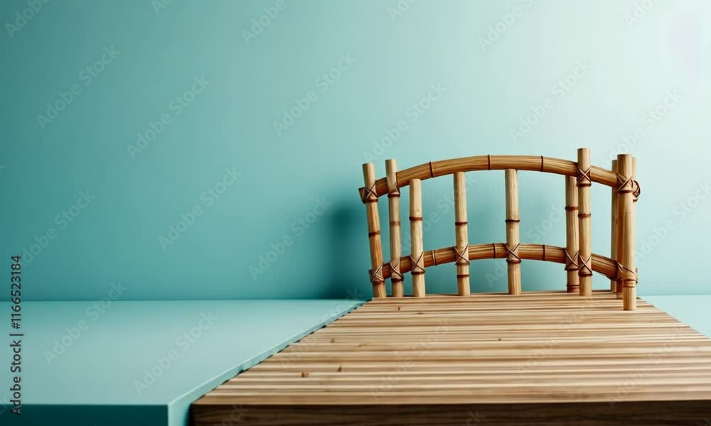 A minimalist scene featuring a bamboo bridge against a soft blue background. A minimalist scene featuring a bamboo bridge against a soft blue background.