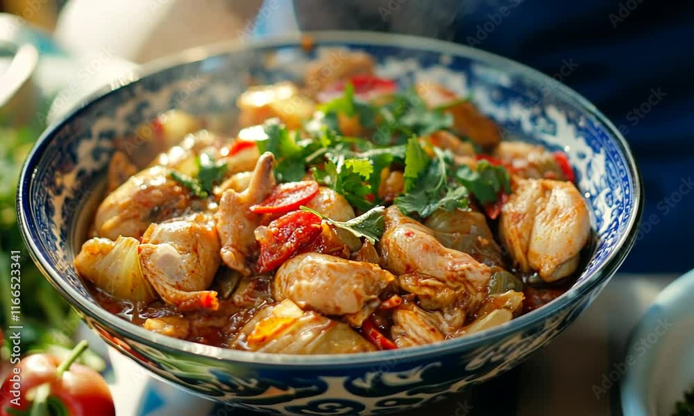 Spicy Chicken Stew in a Blue and White Bowl, Garnished with Cilantro Spicy Chicken Stew in a Blue and White Bowl, Garnished with Cilantro