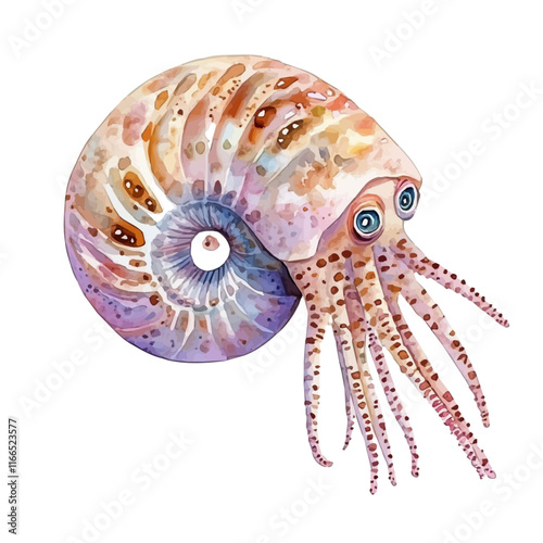 A watercolor vector painting of a nautilus, isolated on a white background. Nautilus vector.

