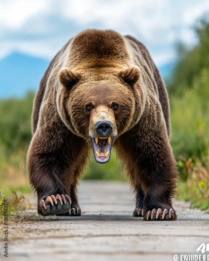 Fototapeta premium A fierce bear walking down a path, showcasing its powerful presence in nature.