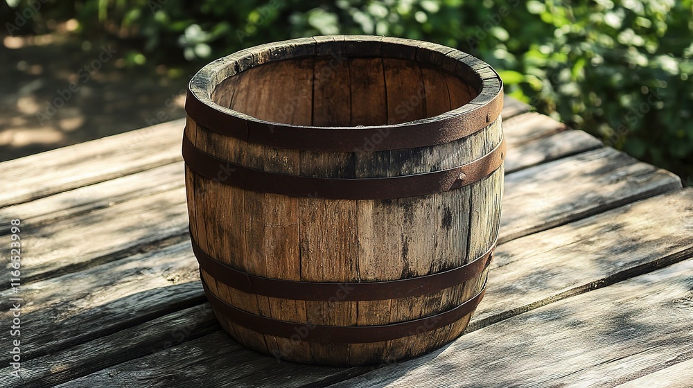 Worn Wooden Barrel Resting on an Old Wooden Table in Nature Worn Wooden Barrel Resting on an Old Wooden Table in Nature