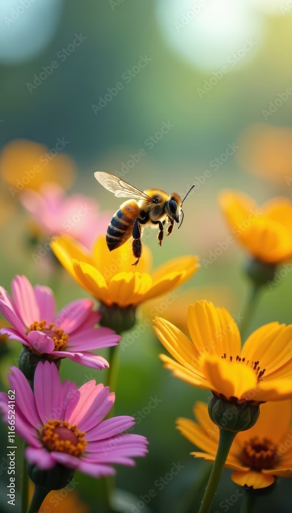 Honeybee in flight above a field of colorful blooms , white, spring, flower Honeybee in flight above a field of colorful blooms , white, spring, flower