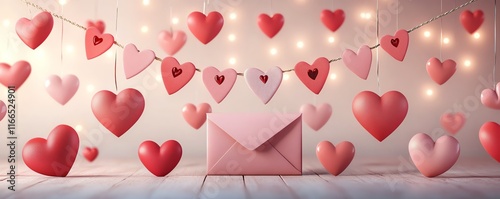 A cute pastel Valentines Day background with red and pink hearts, a pink envelope, and a loving banner, perfect for a poster or flyer design