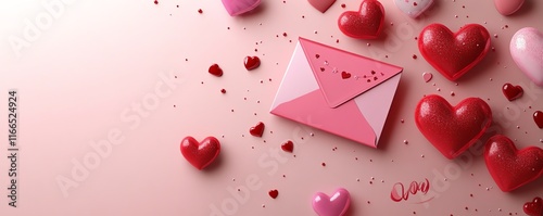 A cute pastel Valentines Day background with red and pink hearts, a pink envelope, and a loving banner, perfect for a poster or flyer design