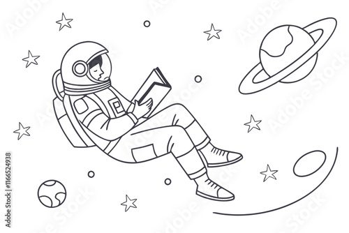 Astronaut Reading in Space. Elegant Line Art Vector Design