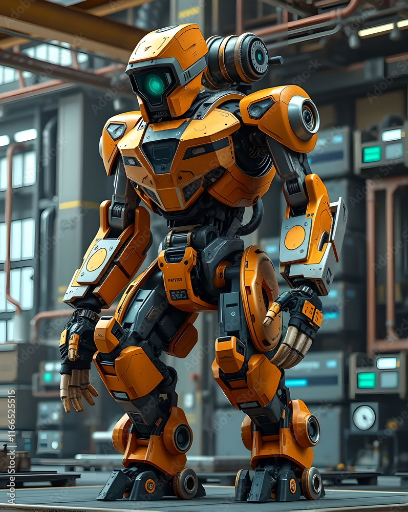 3D rendering of a robot in a factory. This is a computer generated and 3d rendered picture. 3D rendering of a robot in a factory. This is a computer generated and 3d rendered picture.