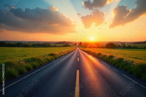 Wallpaper Mural Long, straight asphalt road disappearing into sunny spring evening countryside , scenic, grass Torontodigital.ca