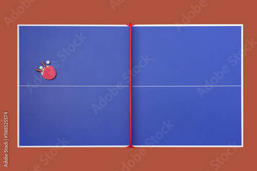 table tennis or ping pong table with racket and ball top view.