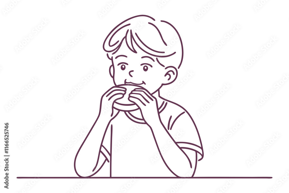 Cute Boy Eating Bread. Vector Illustration in Simple Line Style Cute Boy Eating Bread. Vector Illustration in Simple Line Style