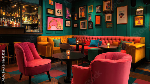 A colorful bar with a pink couch and a pink chair