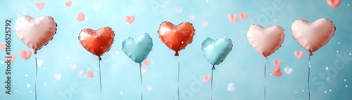 A playful Valentines Day decoration with floating heartshaped balloons, colorful accents, and a banner template featuring copy space for a romantic text photo