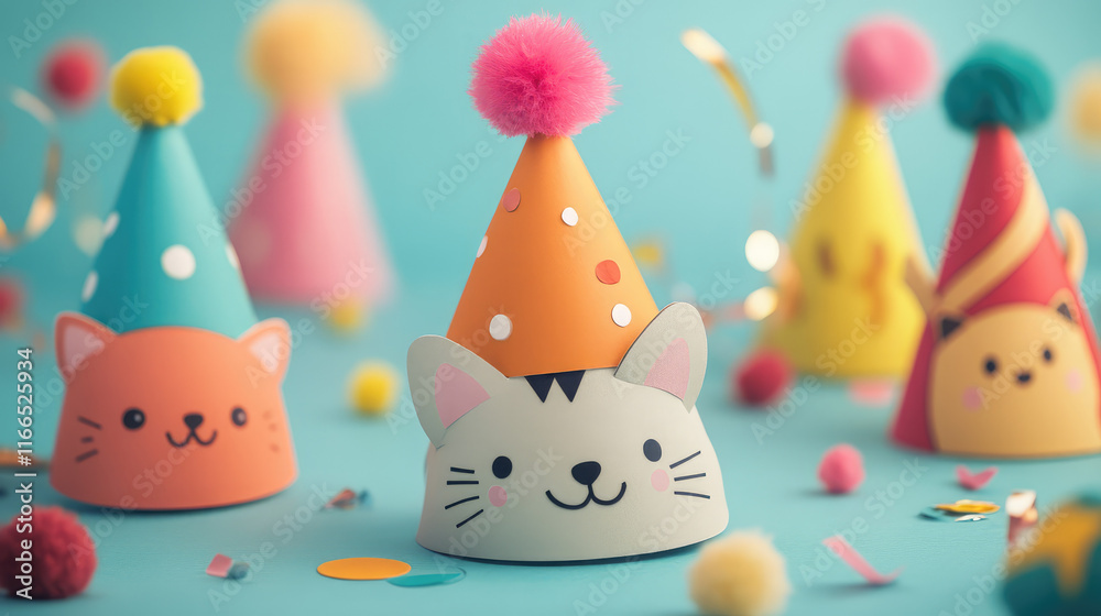 Obraz premium A group of cat hats are on a table with confetti