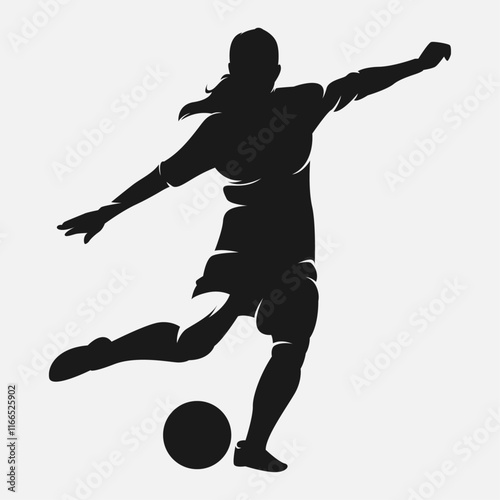 Silhouette of female football player, soccer athlete kicking the ball. Vector logo illustration.