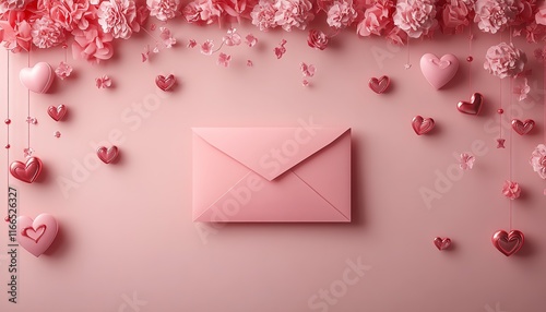 A romantic Valentines Day background featuring a pink envelope illustration, elegant banner template, and charming decorations for a heartfelt design