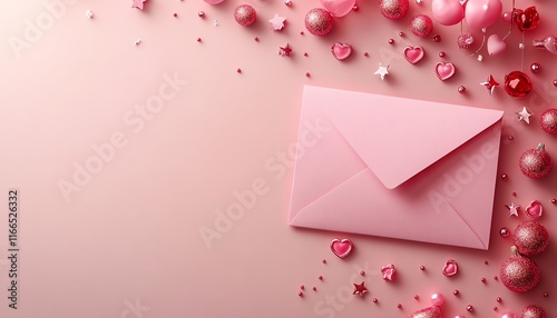 A romantic Valentines Day background featuring a pink envelope illustration, elegant banner template, and charming decorations for a heartfelt design