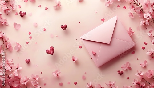 A romantic Valentines Day background featuring a pink envelope illustration, elegant banner template, and charming decorations for a heartfelt design