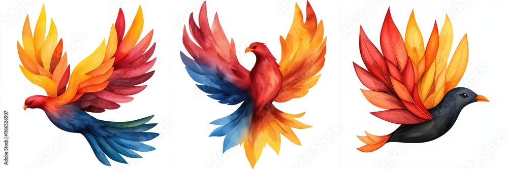 Fototapeta premium Chinese new year customs concept. Colorful bird illustrations with vibrant feathers in flight.