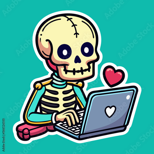 Skeleton working on a laptop