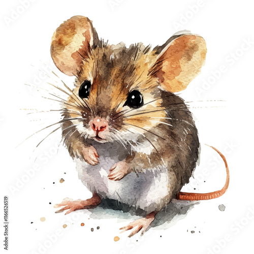 A watercolor vector painting of a mouse, isolated on a white background. Mouse vector.

