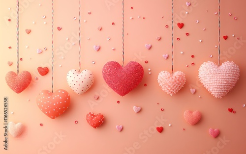 A soft pastel orange background for Valentines Day featuring red and pink hearts, with adorable pattern decorations for a cheerful design