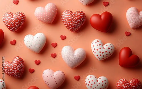 A soft pastel orange background for Valentines Day featuring red and pink hearts, with adorable pattern decorations for a cheerful design