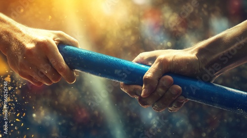 Athletes exchanging baton during a relay race in a stadium..