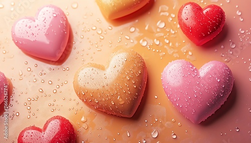 A sweet and vibrant Valentines Day background with pastel orange tones, red and pink hearts, and playful pattern decorations for a festive design