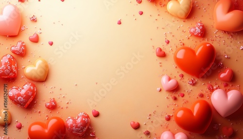 A sweet and vibrant Valentines Day background with pastel orange tones, red and pink hearts, and playful pattern decorations for a festive design