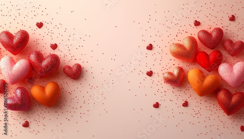 A sweet and vibrant Valentines Day background with pastel orange tones, red and pink hearts, and playful pattern decorations for a festive design