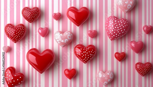 A sweet Valentines Day backdrop featuring red and pink hearts, striped patterns, and an inviting illustration banner template for a festive love theme