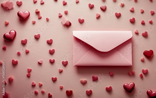 A sweet Valentines Day decoration template with a pink envelope, festive background, and a banner template design for a heartfelt message or greeting