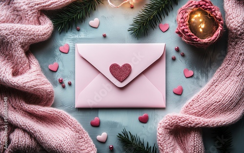 A sweet Valentines Day decoration template with a pink envelope, festive background, and a banner template design for a heartfelt message or greeting