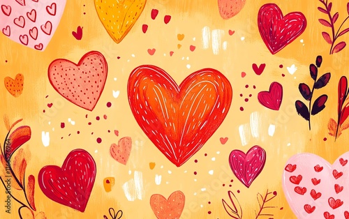 A sweet Valentines Day design with a pastel orange backdrop, red and pink hearts, and playful patterns, perfect for a lovethemed background