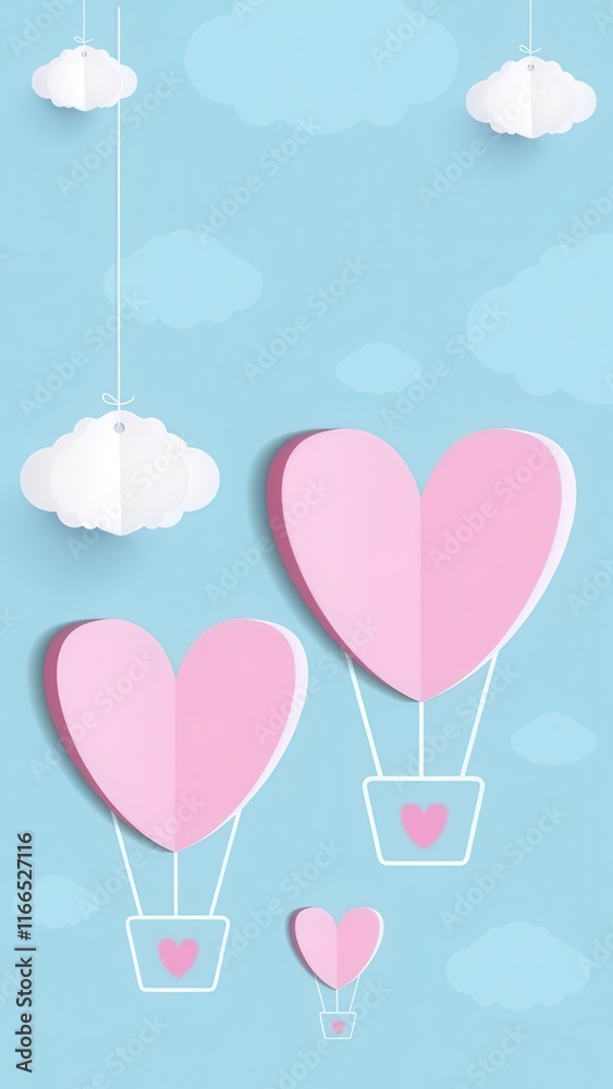 valentine day festive coziness concept Colorful hot air balloons in heart shapes against a blue sky with clouds.