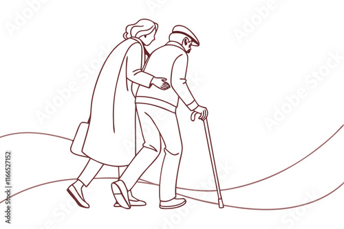 Heartwarming Line Art. Elderly Couple Walking Together in Minimalist Style