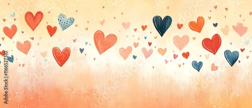 A whimsical Valentines Day design with a pastel orange background, red and pink hearts, and cute, lovethemed patterns to enhance the celebration