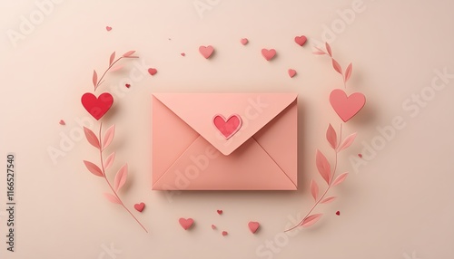 Valentines Day decoration featuring a pink envelope illustration, subtle patterns, and a banner template with space for a romantic message or greeting