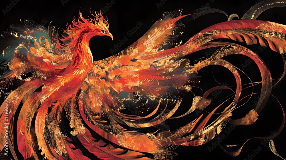 Obraz premium Majestic Phoenix Rising from the Flames - Mythical Creature, Fiery Rebirth, Magical Transformation