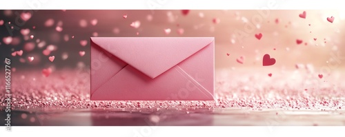 Valentines Day design with a pink envelope illustration, soft pink hues, and a banner template for a romantic, personalized message in a love theme