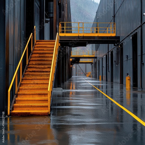 Wallpaper Mural [industrial warehouse] Industrial Stairway on Wet Platform Under Rainy Skies with Loading Dock Ramps Torontodigital.ca