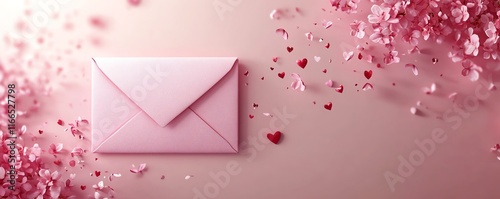Valentines Day design with a pink envelope illustration, soft pink hues, and a banner template for a romantic, personalized message in a love theme