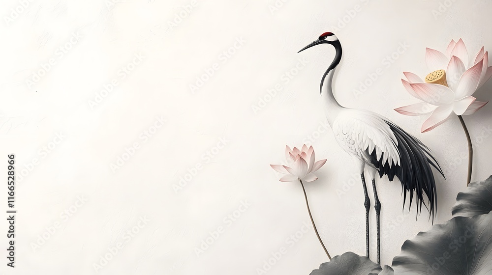 Fototapeta premium Graceful Crane in Misty Lotus Pond