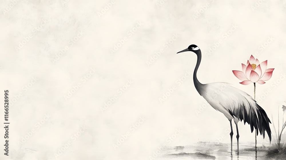 Naklejka premium Graceful Crane in Misty Lotus Pond
