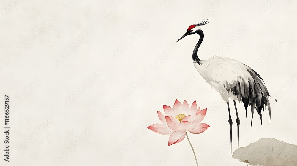Naklejka premium Graceful Crane in Misty Lotus Pond