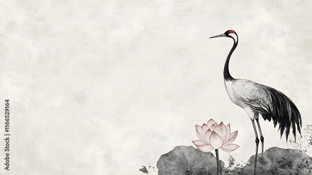 Fototapeta premium Graceful Crane in Misty Lotus Pond