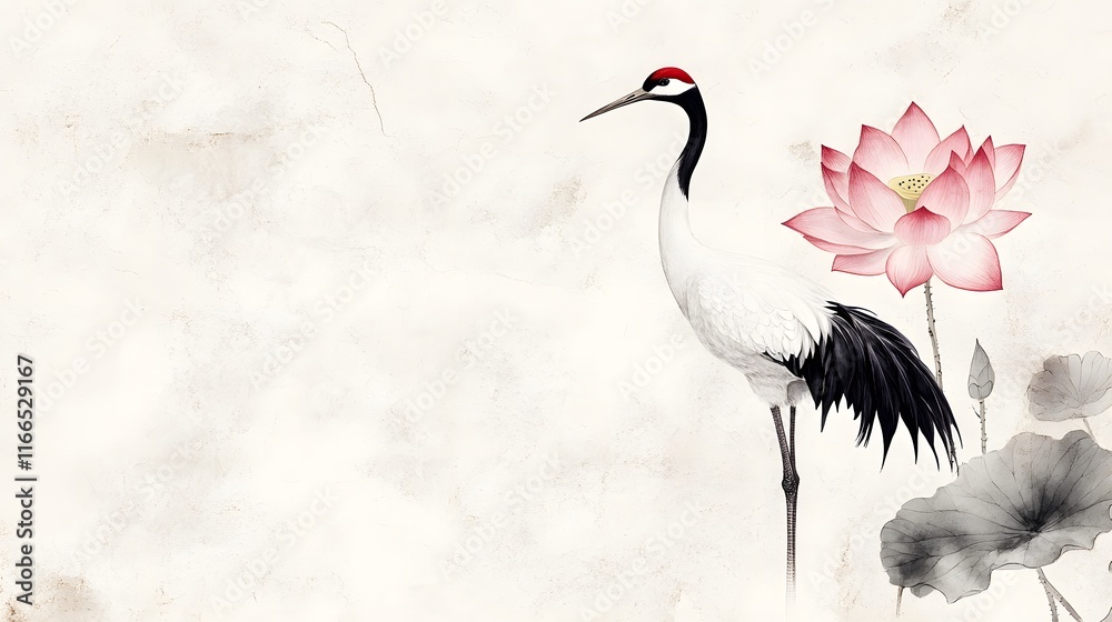 Naklejka premium Graceful Crane in Misty Lotus Pond