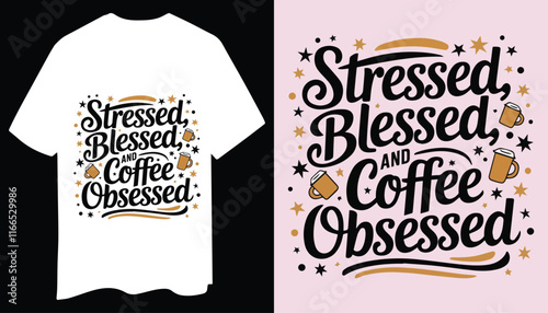 Coffee Obsessed T Shirt Design with Stars and Mug Icons